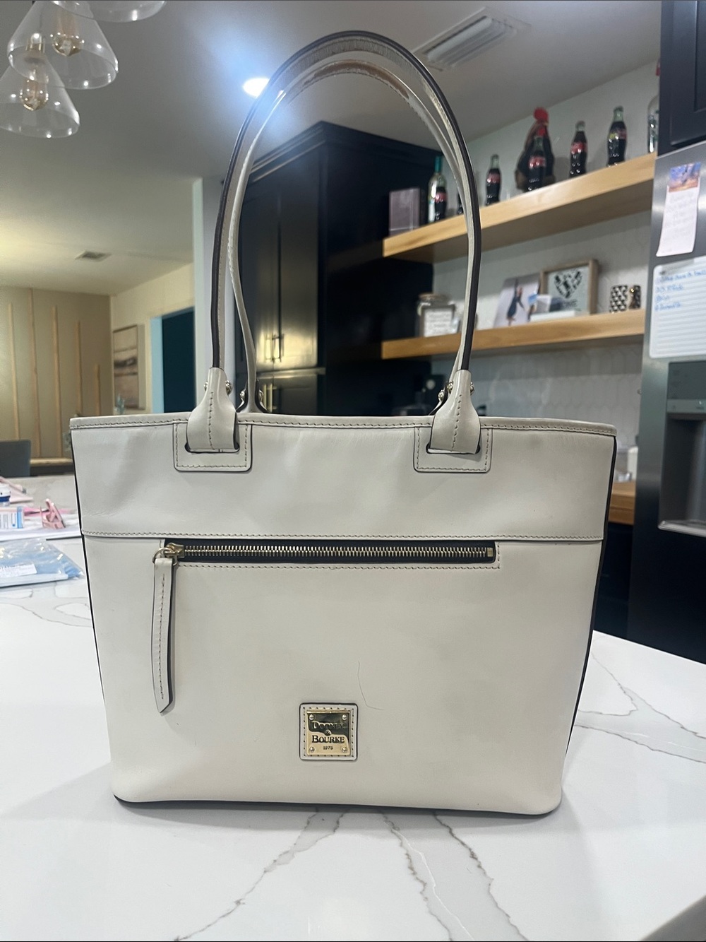Dooney & Bourke Cream Leather Tote with Front Zip Pocket